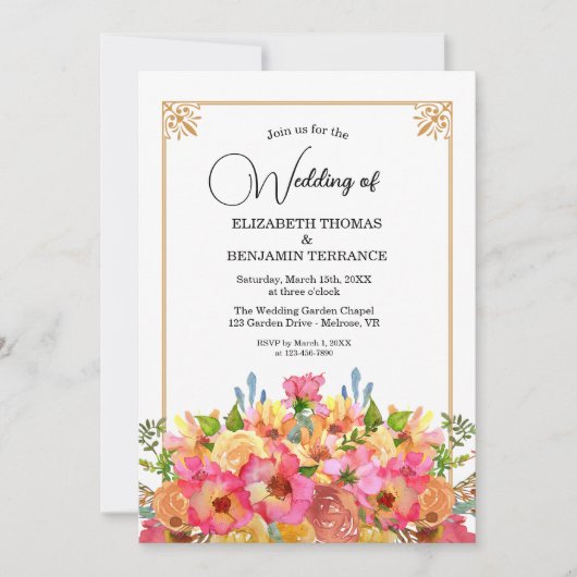 ピンクエレガントの花の水彩金ゴールド結婚ズ 招待状 (正面)