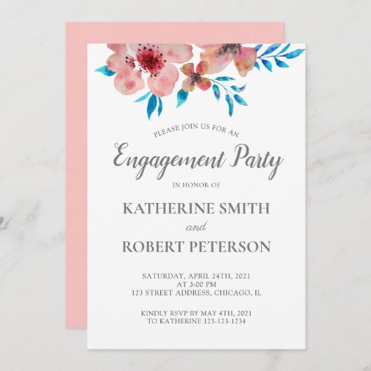 ピンクエレガントの花の水色の結婚婚約 招待状 (正面/裏面)