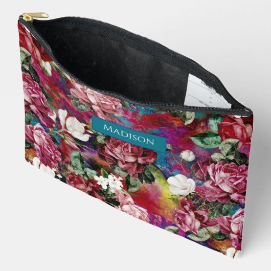 ピンクエレガントの花の赤い模様モノグラム アクセサリーポーチ (見開き)