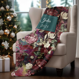 ピンクエレガントの花の赤い模様モノグラム フリースブランケット