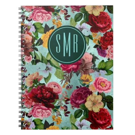 ピンクエレガントの花アクアパターンのモノグラム ノートブック (正面)