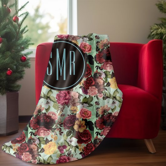 ピンクエレガントの花アクアパターンのモノグラム フリースブランケット