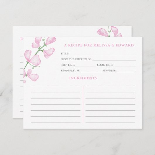 ピンクエレガントの花ウェディングシャワーレシピカード 招待状 (正面/裏面)