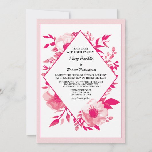 ピンクエレガントの花ダイヤモンド結婚式招待状 招待状 (正面)