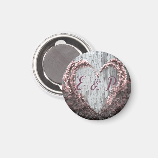 ピンクエレガントの花ハート素朴な木結婚の木 マグネット (正面/裏面)