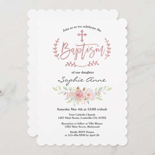 ピンクエレガントの花バラ金ゴールドクロスバプテスマ 招待状 (正面/裏面)