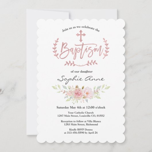 ピンクエレガントの花バラ金ゴールドクロスバプテスマ 招待状 (正面)