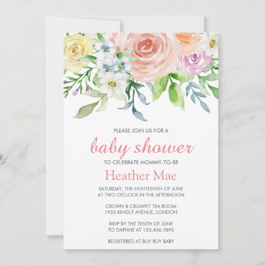 ピンクエレガントの花フローラ女の子ベビーシャワー 招待状 (正面)