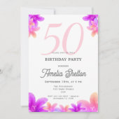 ピンクエレガントの花フローラ50th誕生日パーティー 招待状 (正面)