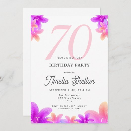 ピンクエレガントの花フローラ70th誕生日パーティー 招待状 (正面/裏面)