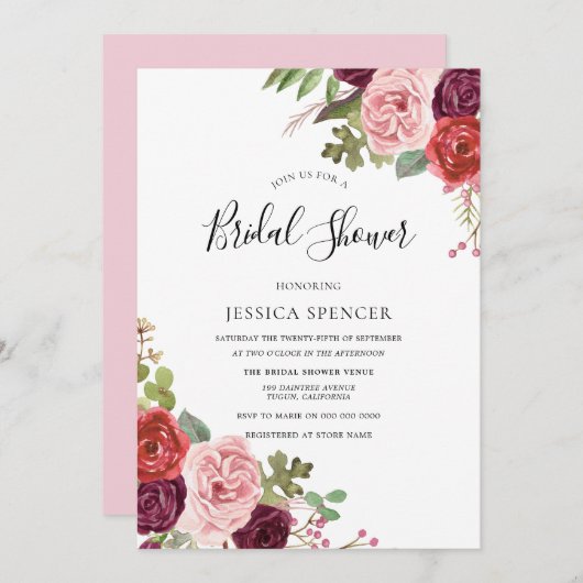 ピンクエレガントの花ブライダルシャワー招待状 招待状 (正面/裏面)