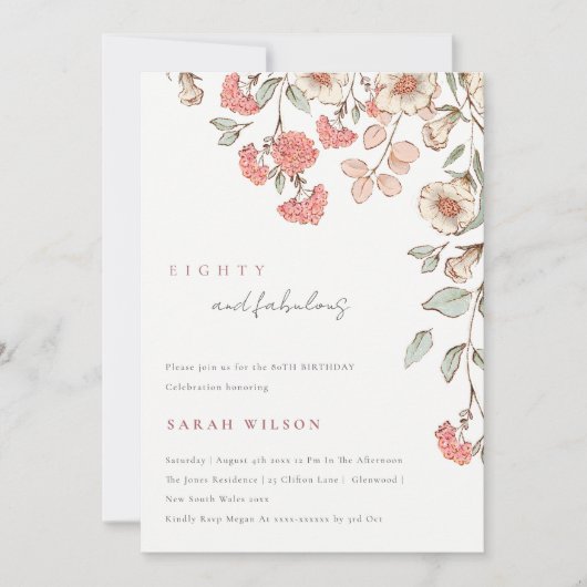 ピンクエレガントの花リース80誕生日招待状 サンキューカード (正面)