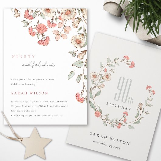 ピンクエレガントの花リース90誕生日招待状 サンキューカード