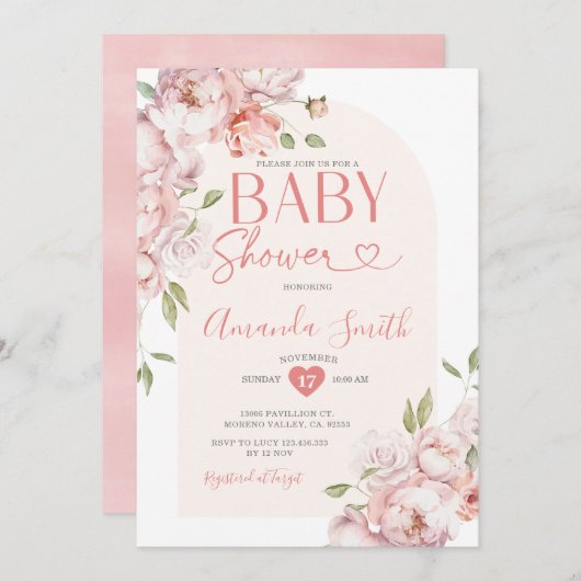 ピンクエレガントの花女の子ベビーシャワー緑 招待状 (正面/裏面)
