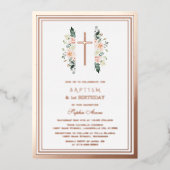 ピンクエレガントの花女の子1歳の誕生日バプテスマ 箔招待状 (正面)