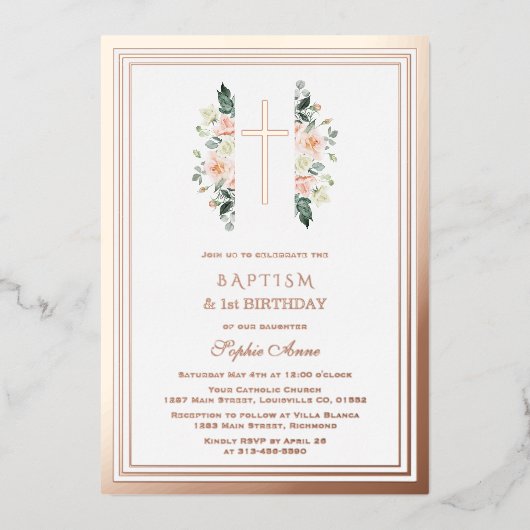 ピンクエレガントの花女の子1歳の誕生日バプテスマ 箔招待状 (正面)