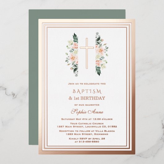 ピンクエレガントの花女の子1歳の誕生日バプテスマ 箔招待状 (正面/裏面)