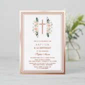 ピンクエレガントの花女の子1歳の誕生日バプテスマ 箔招待状 (立ち正面)