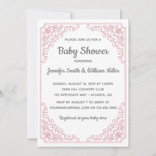 ピンクエレガントの花模様の渦巻きフレームベビーシャワー 招待状 (正面)