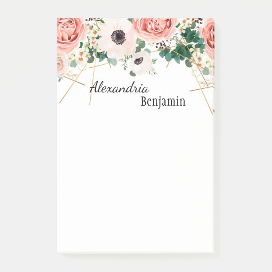 ピンクエレガントの花水彩フローラパーソナライズ ポストイット (正面)