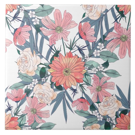 ピンクエレガントの花水彩フローラ タイル (正面)