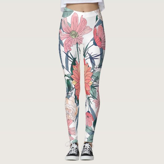 ピンクエレガントの花水彩フローラ レギンス (正面)