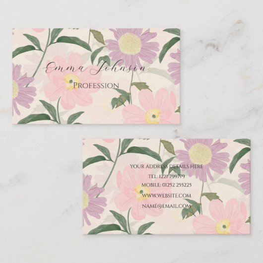 ピンクエレガントの花水彩保穂フローラ 名刺 (正面/裏面)