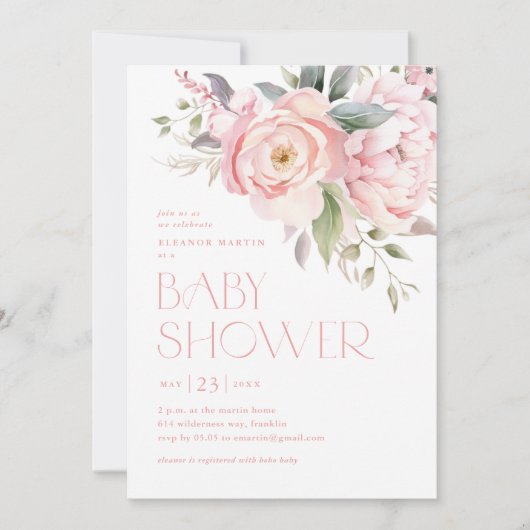 ピンクエレガントの花緑の庭ベイビーシャワー 招待状 (正面)