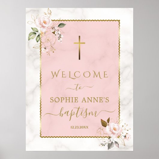 ピンクエレガントの花金ゴールドバプテスマ歓迎サイン ポスター (正面)