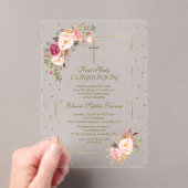 ピンクエレガントの花金ゴールド女の子の聖餐式 アクリル招待状 (インサイチュ (ポータブル))