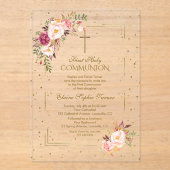 ピンクエレガントの花金ゴールド女の子の聖餐式 アクリル招待状 (正面)