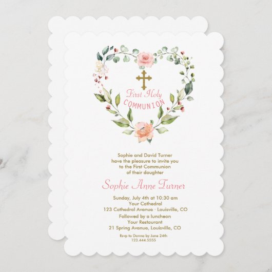 ピンクエレガントの花金ゴールド最初の聖餐式Inv 招待状 (正面/裏面)