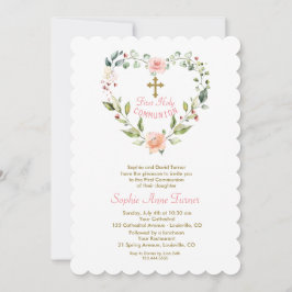 ピンクエレガントの花金ゴールド最初の聖餐式Inv 招待状