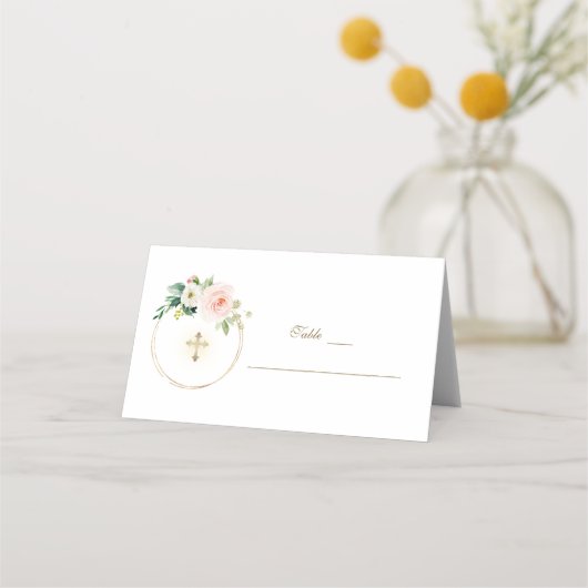 ピンクエレガントの花金ゴールド洗礼表番号 プレイスカード (正面)