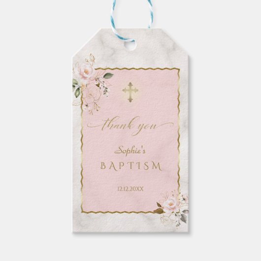 ピンクエレガントの花金ゴールド洗礼 ギフトタグ (正面)