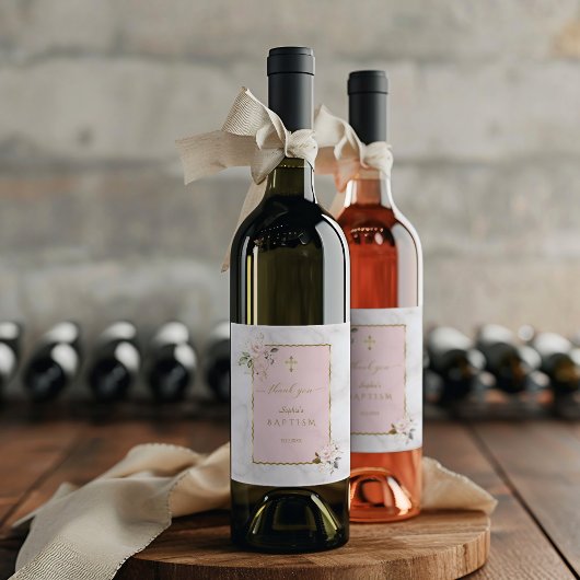 ピンクエレガントの花金ゴールド洗礼 ワインラベル