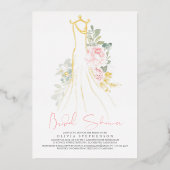 ピンクエレガントの花金ゴールド緑のブライダルシャワー 箔招待状 (正面)