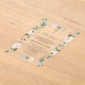 ピンクエレガントの花金ゴールド緑の献身 アクリル招待状 (レイダウン)