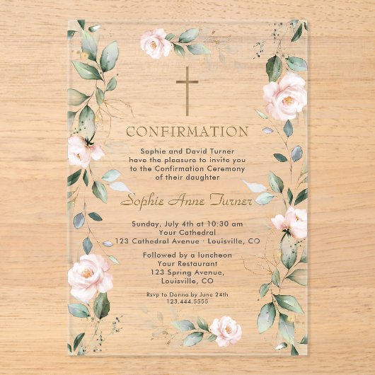 ピンクエレガントの花金ゴールド緑の確認 アクリル招待状 (正面)