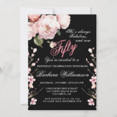 ピンクエレガントの花50 & Fab誕生日パーティー 招待状 (正面)