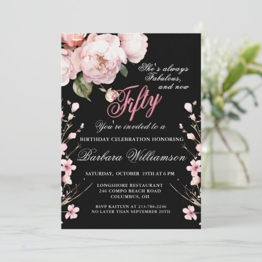 ピンクエレガントの花50 & Fab誕生日パーティー 招待状 (スタンド正面)