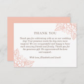 ピンクエレガントの花。赤面シンプルフローラ結婚の サンキューカード (正面/裏面)