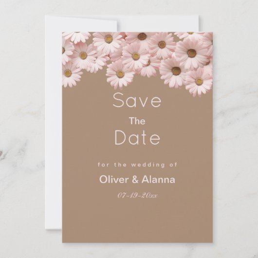 ピンクエレガントの茶色のデイジーフローラ日付の保存 招待状 (正面)