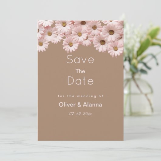 ピンクエレガントの茶色のデイジーフローラ日付の保存 招待状 (スタンド正面)