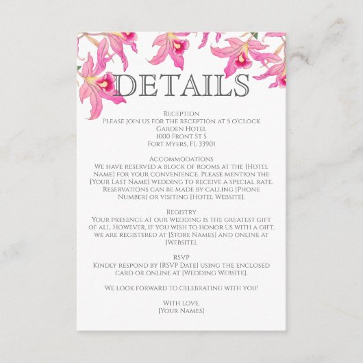 ピンクエレガントの蘭開花熱帯フローラ結婚ズ エンクロージャーカード (正面)