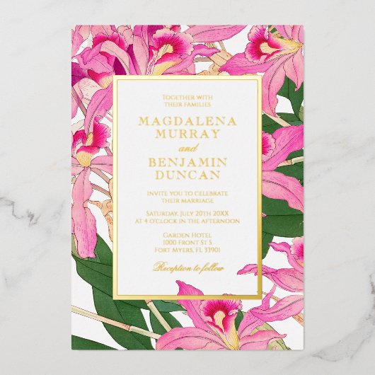 ピンクエレガントの蘭開花熱帯フローラ結婚ズ 箔招待状 (正面)