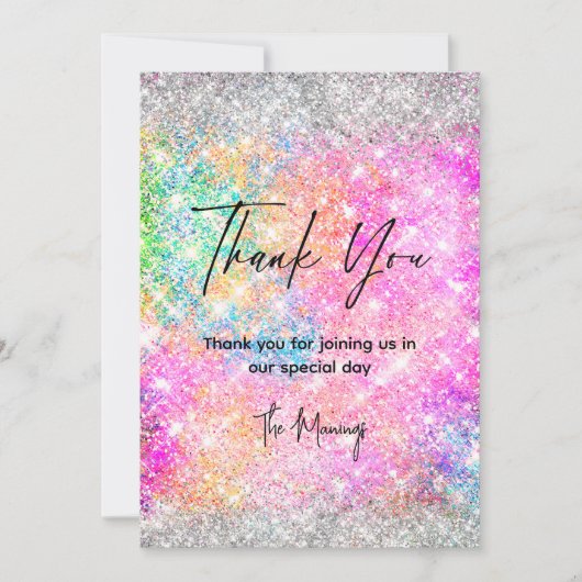 ピンクエレガントの虹色の銀のグリッター感謝していユー カード (正面)