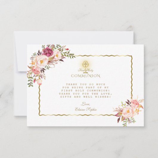 ピンクエレガントの赤い花金ゴールド最初の聖餐式 サンキューカード (正面)