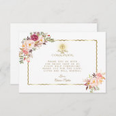 ピンクエレガントの赤い花金ゴールド最初の聖餐式 サンキューカード (正面/裏面)