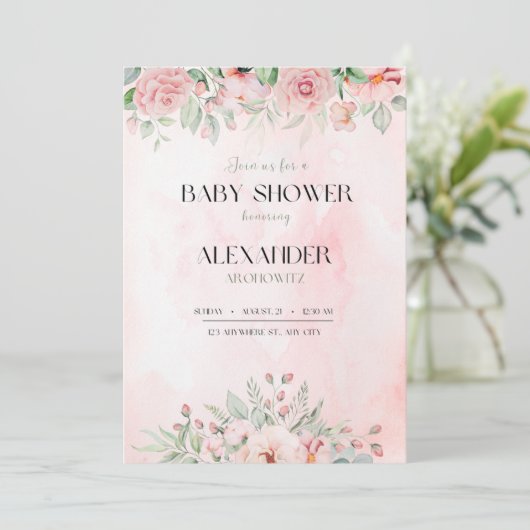ピンクエレガントの赤ちゃんガールシャワー招待花 招待状 (スタンド正面)